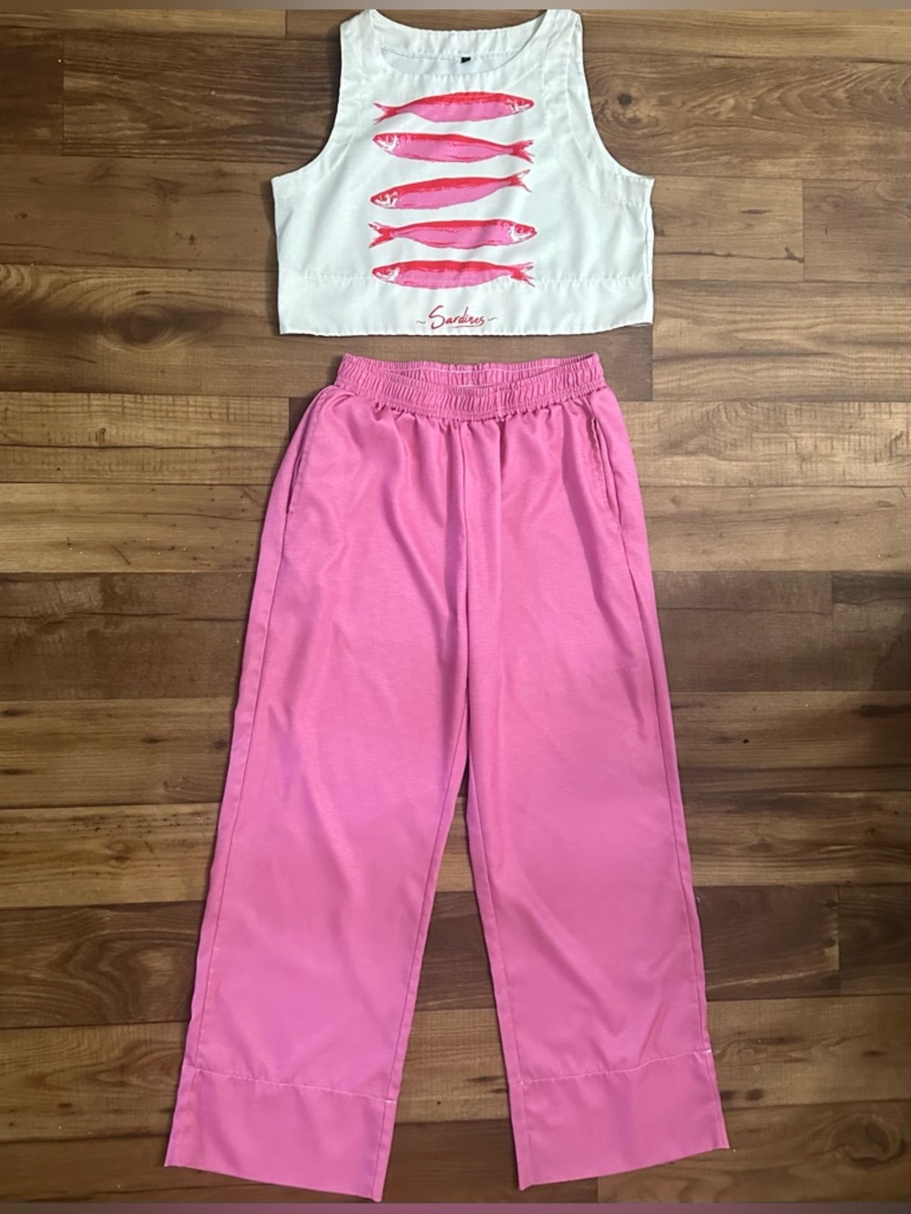 Pink Matching Set Crop Top Wide Leg Pants Resort Summer Outfit M - Picture 2 of 5